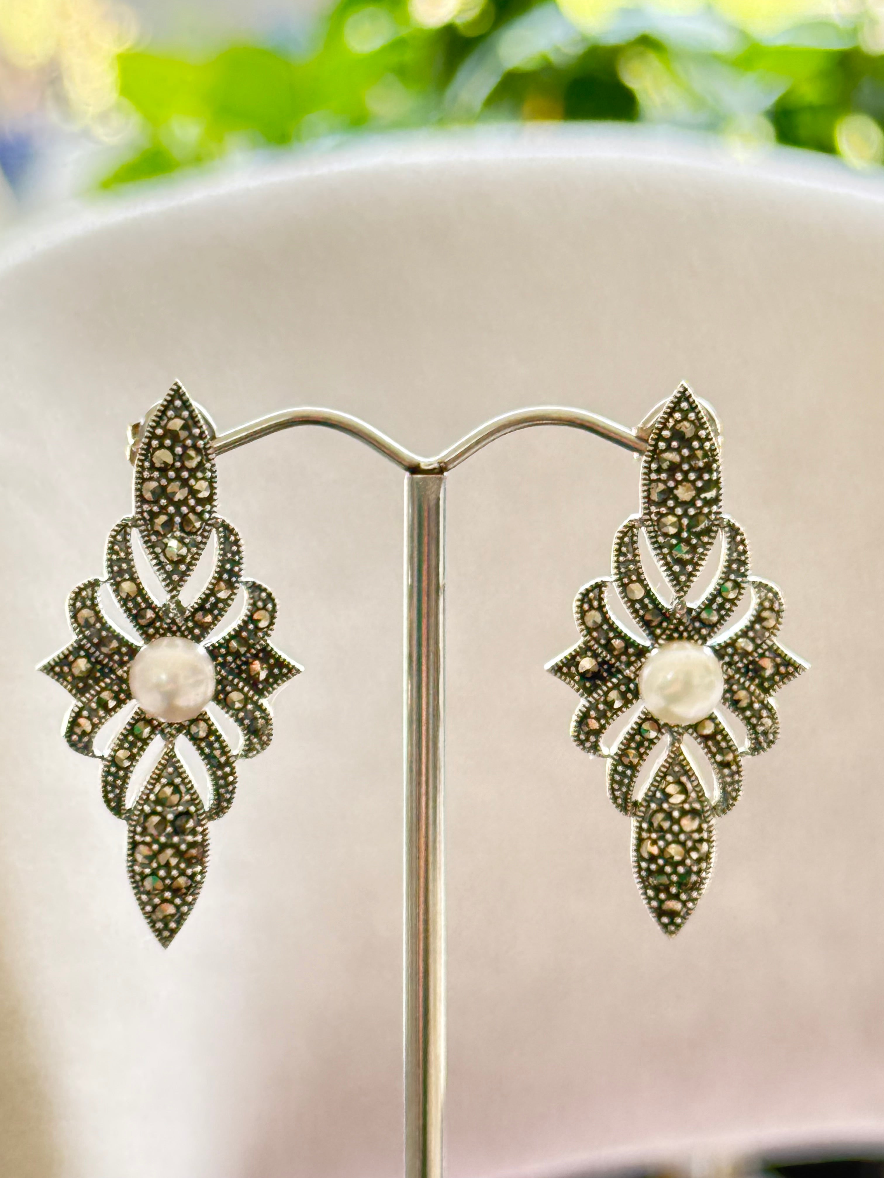 Selene’s Whisper – Marcasite & Pearl Vintage-Inspired Earrings