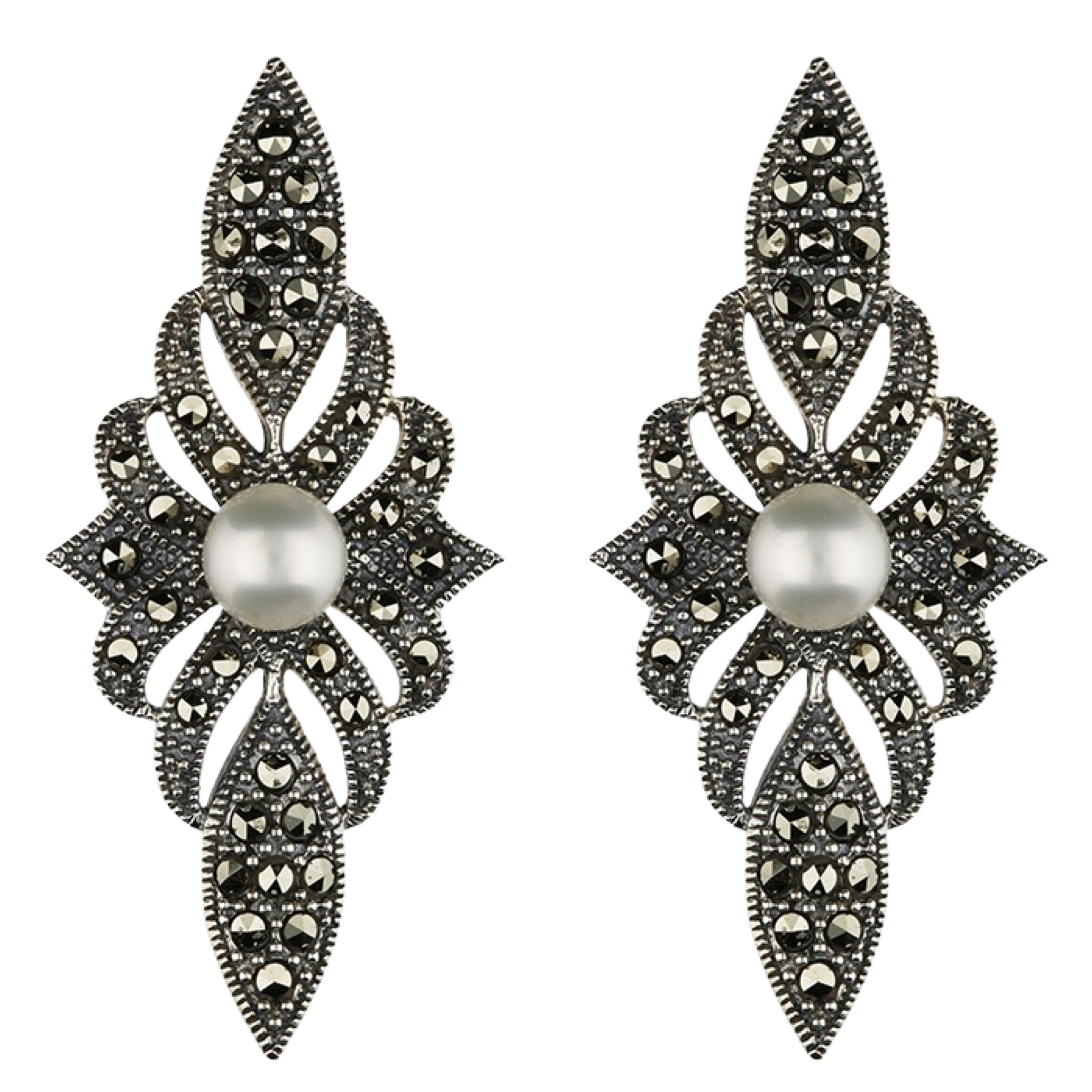 Selene’s Whisper – Marcasite & Pearl Vintage-Inspired Earrings