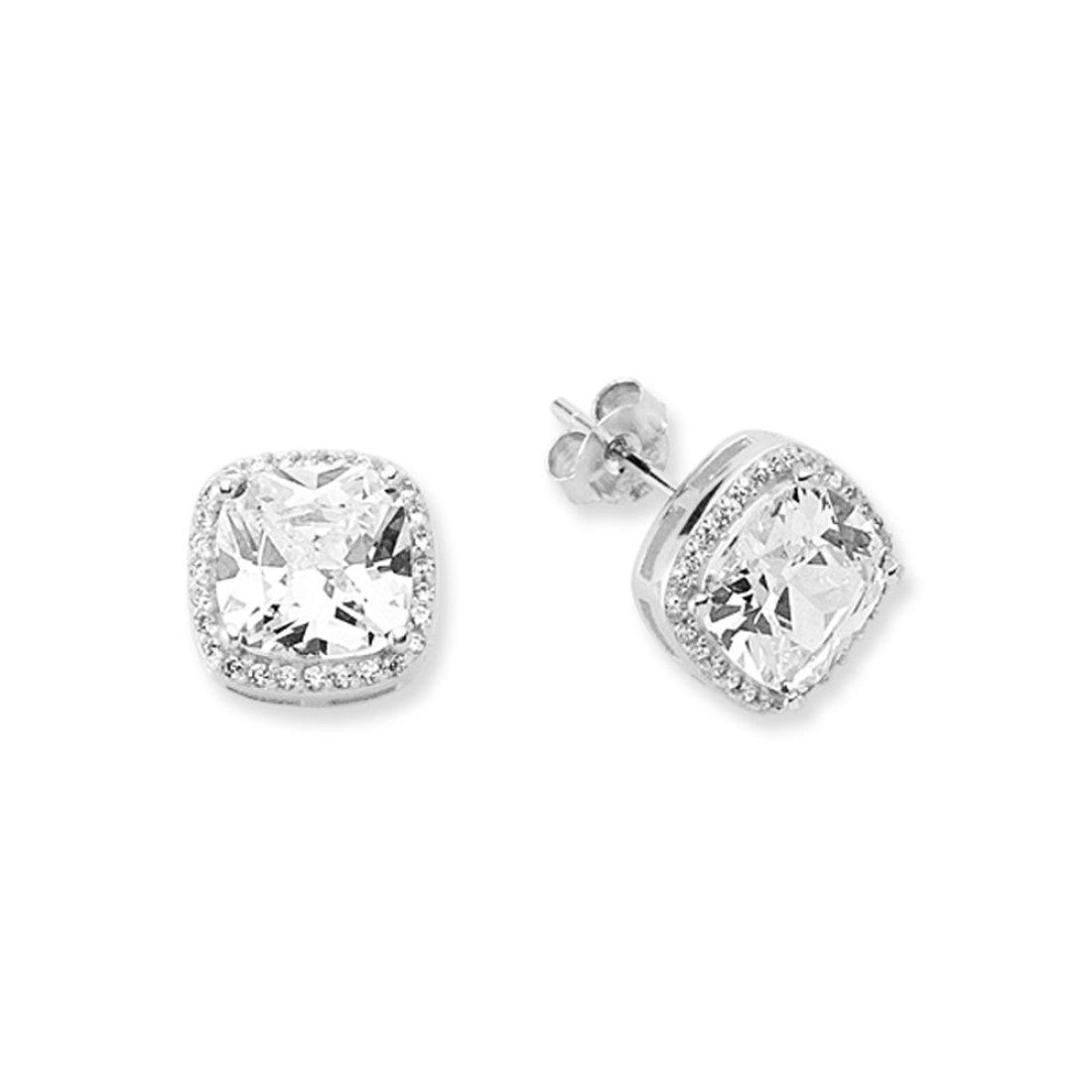 Silver CZ Set Cushion Halo Studs